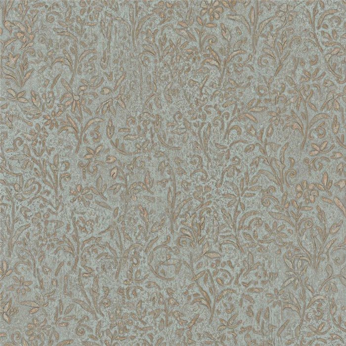 Marburg|Ornamentale Blumen-Tapete in gold und blauem Damast|Blumen