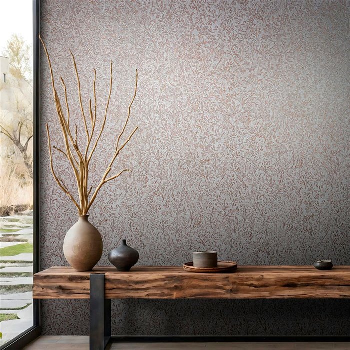 Papel pintado floral ornamental gris y cobre damasco - Marburg Ritus 35534