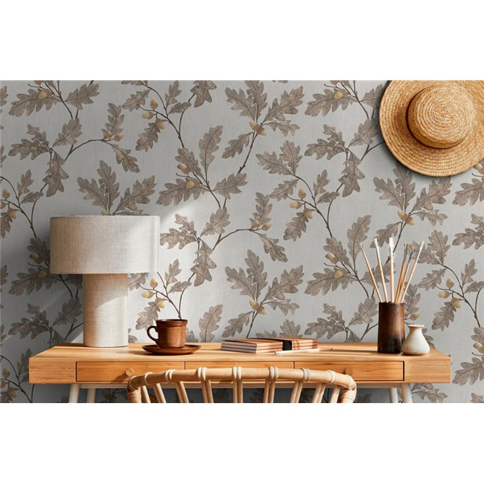 Marburg|Papel pintado hojas de roble y bellotas marrón y gris|Floral