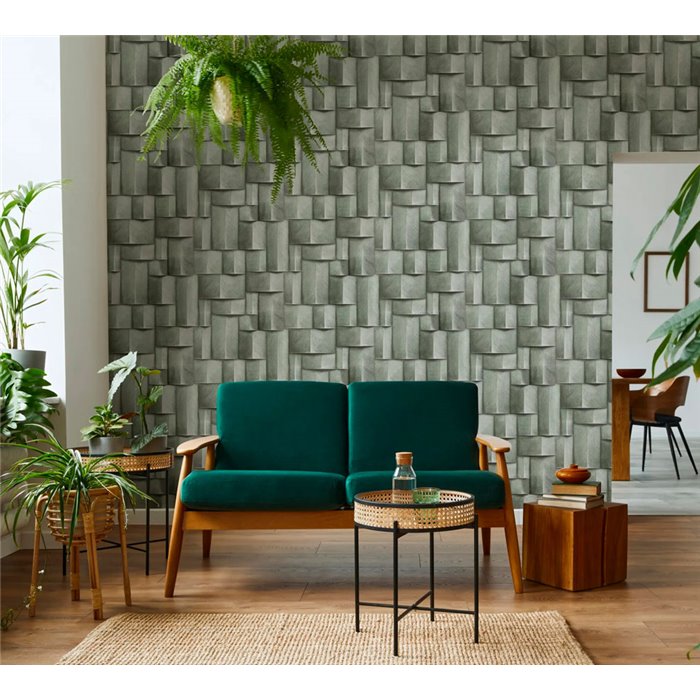 Marburg|Papel pintado bloques madera 3D verde moderno|Efecto 3d