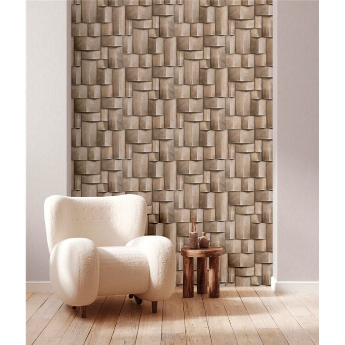Papel pintado bloques madera 3D marrón y beige moderno - Marburg Timber 35388