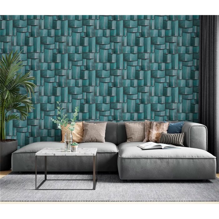 Marburg|Wallpaper 3D turquoise and blue modern wood blocks|3D Effect