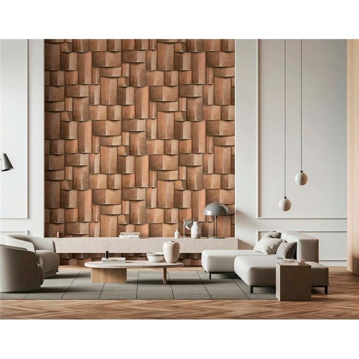 Papel pintado bloques madera 3D marrón moderno - Marburg Timber 35399