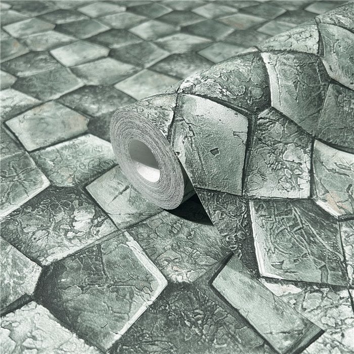 Marburg|Papel pintado mosaico piedra verde grisáceo|Papel Pintado