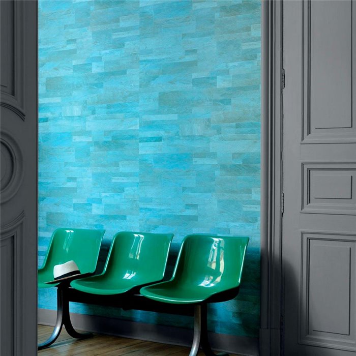 Papel pintado madera color turquesa vinílico con relieve - Élitis Nomades VP89341