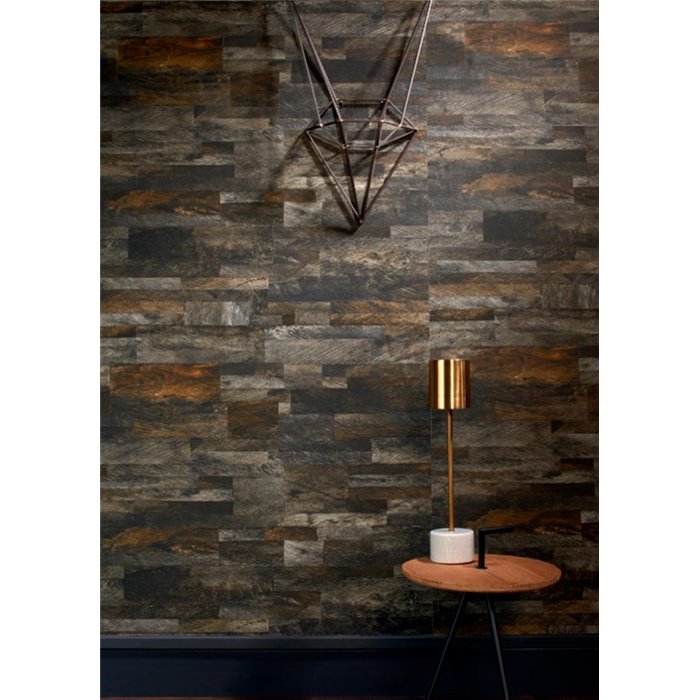 Elitis|Brown and black wood wallpaper with textured relief|Wood Imitation