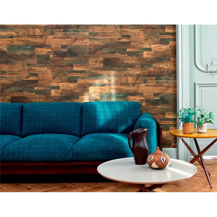 Elitis|Papier peint vinyle effet bois marron et vert|Imitation Bois