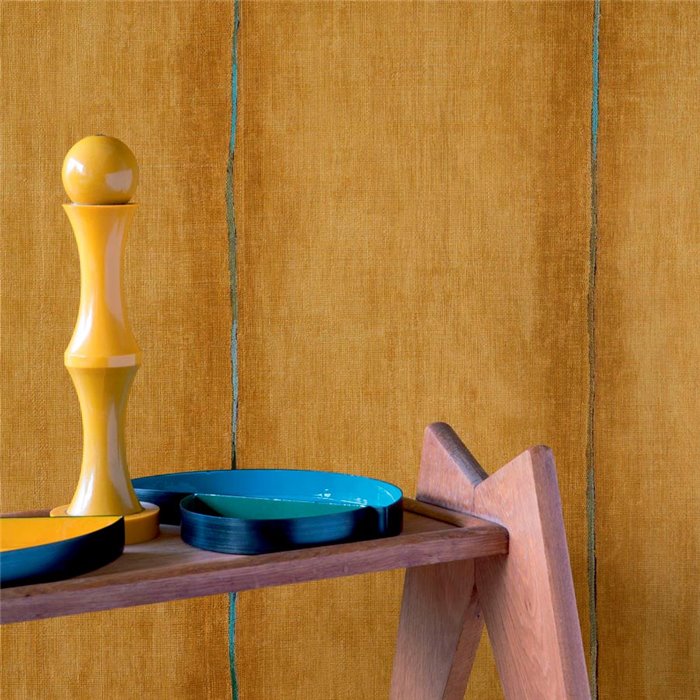 Papel pintado fibra de rafia vegetal color mostaza con rayas verdes - Élitis Volver VP92105