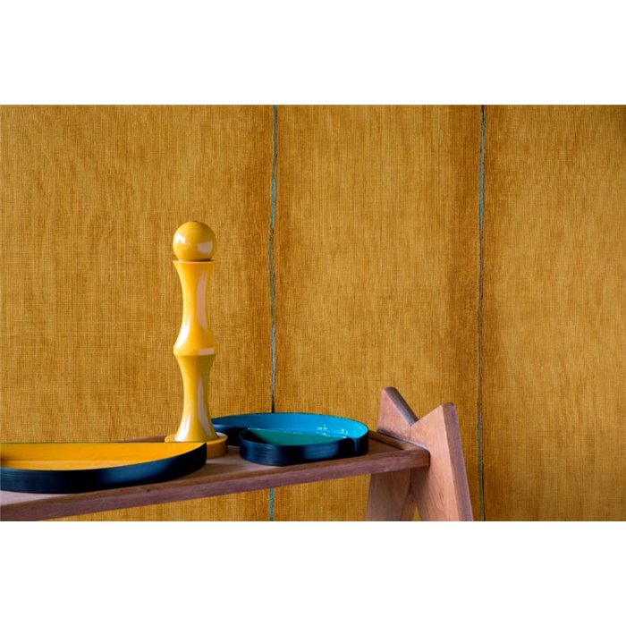 Elitis|Wallpaper with vegetable raffia fibre in mustard colour with green stripes|Wallpaper