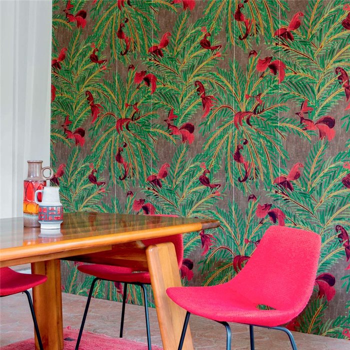 Elitis|Decorative wallpaper with tropical birds and palm trees|Wallpaper