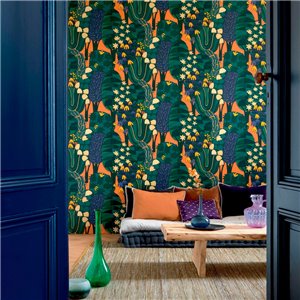 Papeldecor|Classic baroque wallpaper with birds and green and gold ornaments|Wallpaper 2