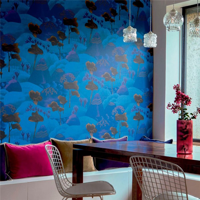 Elitis|Papier peint paysage de collines et arbres bleus, style oriental|Papier Peint