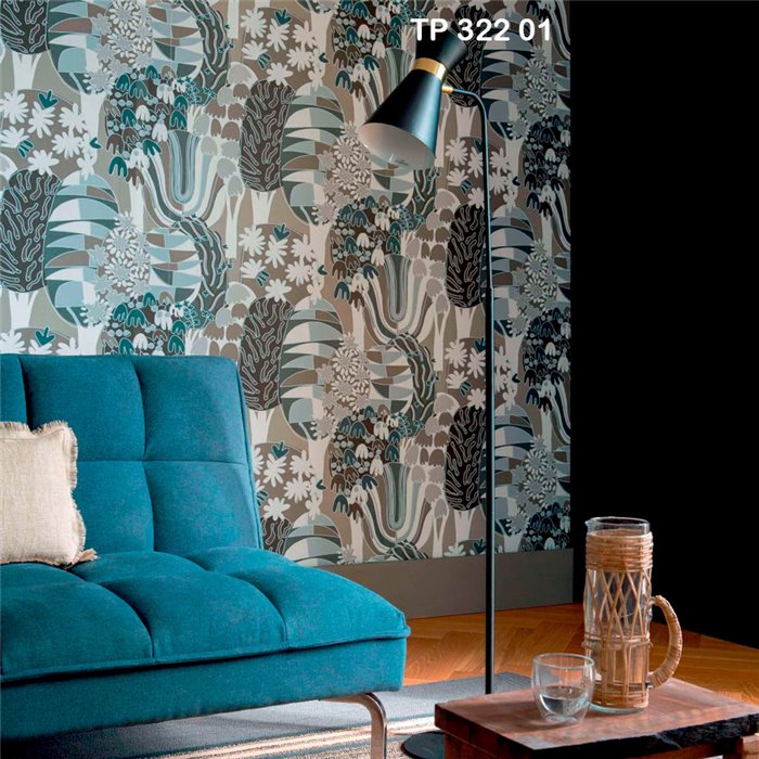 Elitis|Bäuerliche Tapete mit Szenen und Retro-Blumen|Tapeten