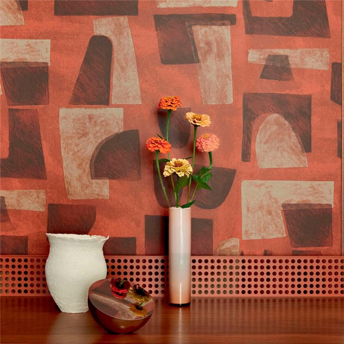 Elitis|Moderne Tapete mit malerischen Strichen in erdigen Rottönen|Tapeten