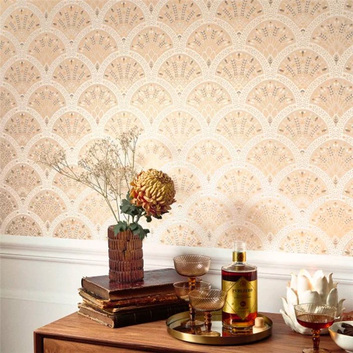 Casadeco|Papier peint floral beige en forme d’éventails style anglais|Art Déco