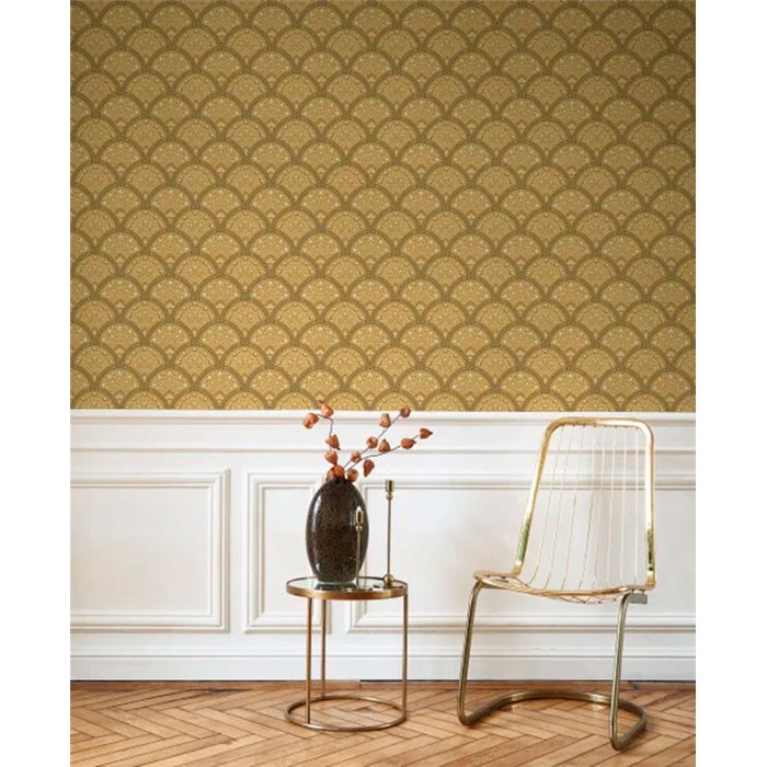 Casadeco|Florale Tapete mit eleganten Fächern in Senfgelb|Art Deco