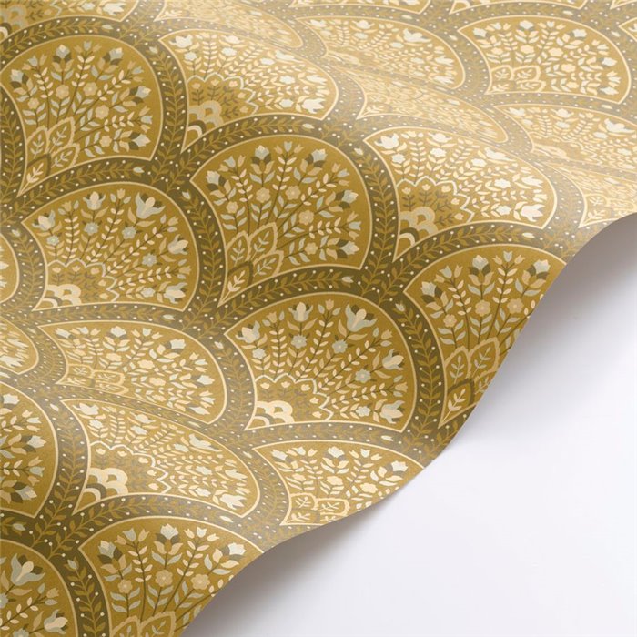Casadeco|Papier peint floral avec élégants éventails couleur moutarde|Art Déco