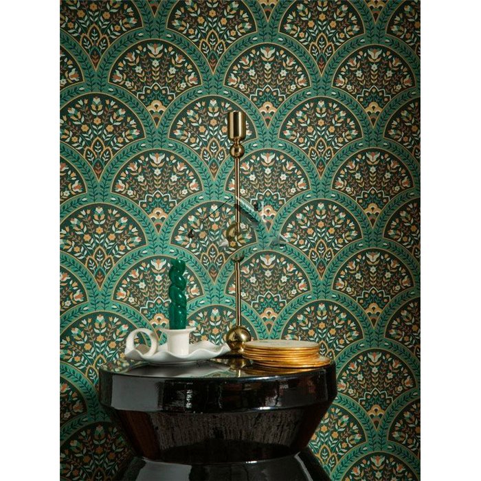 Casadeco|Green floral wallpaper in English style with fan shapes|Art Deco