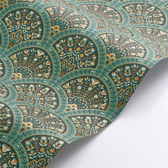 Casadeco|Green floral wallpaper in English style with fan shapes|Art Deco