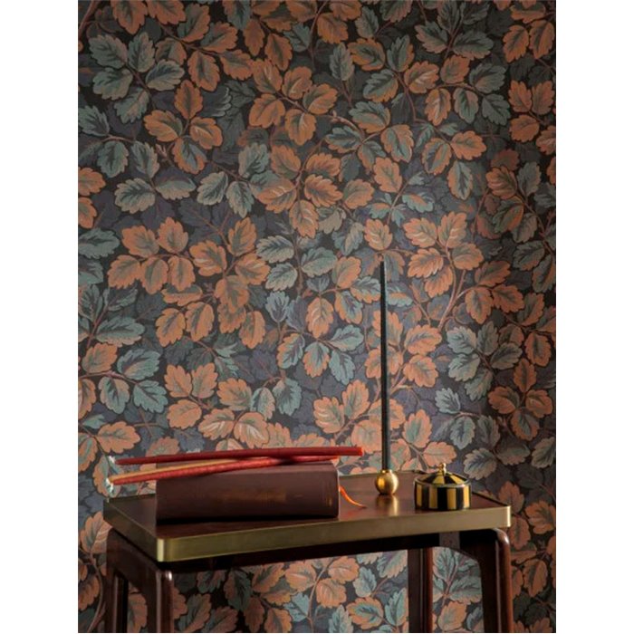 Casadeco|Papier peint floral classique avec feuilles imprimées sur fond noir|Floral