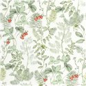 Casadeco|Botanical wallpaper with green leaves and strawberries on white background|Floral
