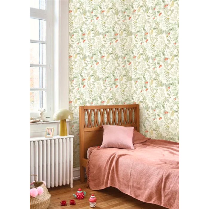 Casadeco|Papel pintado botánico hojas verdes y fresas con fondo blanco|Floral