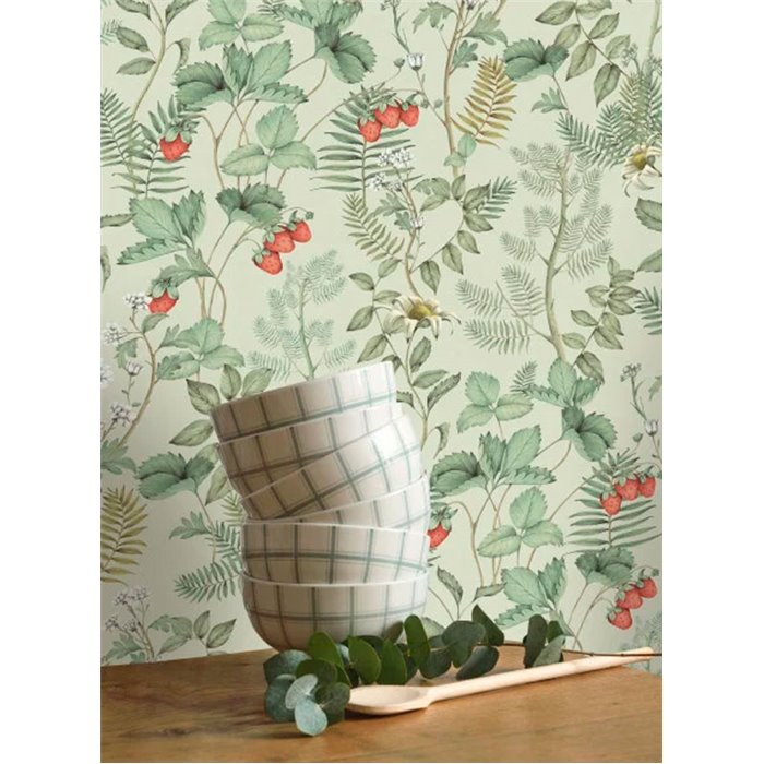 Casadeco|Floral wallpaper with strawberries and almond green background|Floral