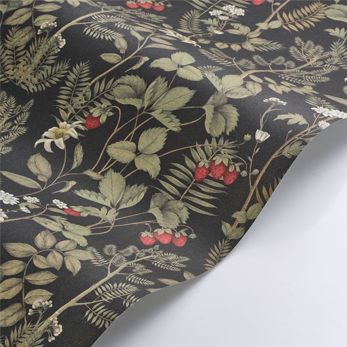 Casadeco|Papier peint fleurs des champs et fraises sur fond noir|Floral