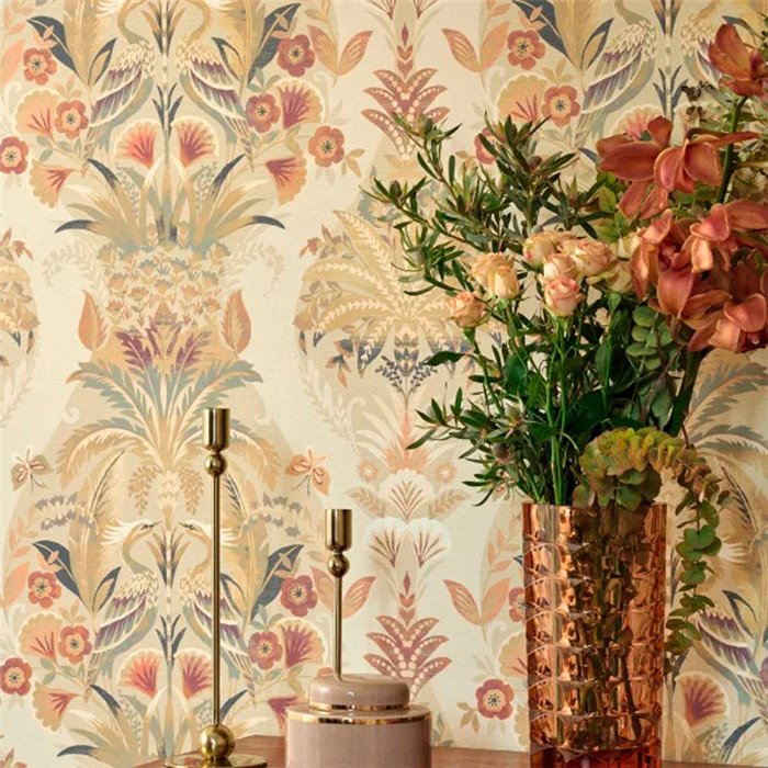 Casadeco|Classic floral wallpaper with palm trees, tropical birds, and butterflies|Floral