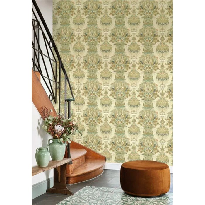 Casadeco|Classic English-style floral wallpaper with green exotic flora and fauna bouquet|Floral