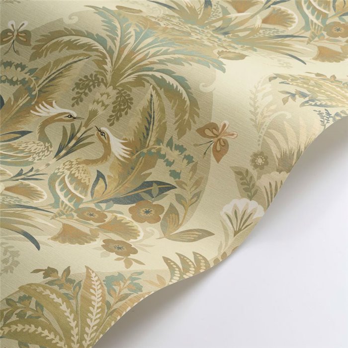 Casadeco|Classic English-style floral wallpaper with green exotic flora and fauna bouquet|Floral
