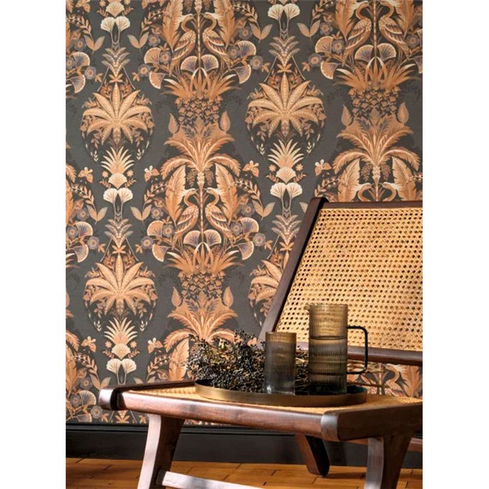 Casadeco|Papel pintado floral clásico con elegante plumaje, esbeltas palmeras y flores exóticas|Floral