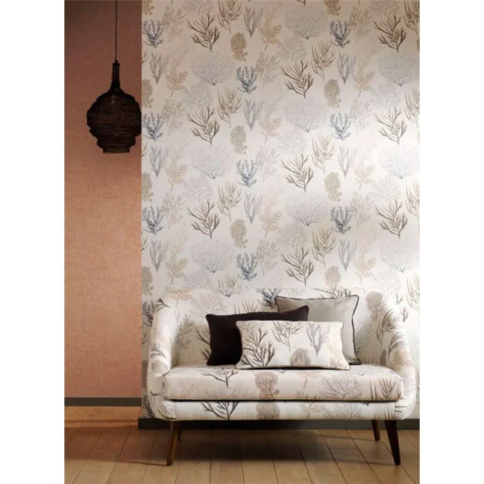 Papel pintado corales azules y beige sobre fondo blanco - Casadeco Seaside 83979122