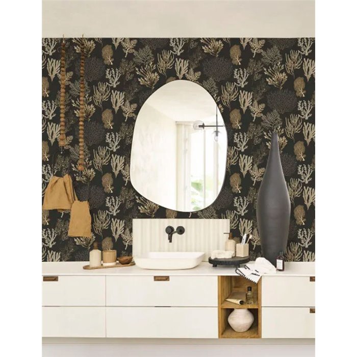 Papel pintado corales dorados con el fondo negro - Casadeco Seaside 83979808