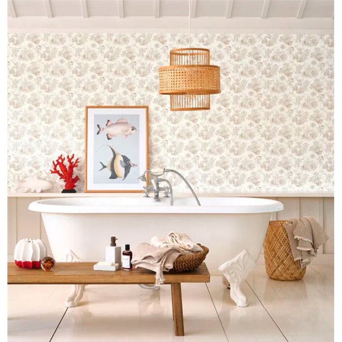 Casadeco|Papier peint récif de coraux avec poissons, style toile de Jouy|Marin & Nautique
