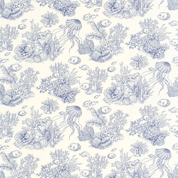 Papel pintado corales y peces azul, diseño toile de Jouy - Casadeco Seaside 201476446
