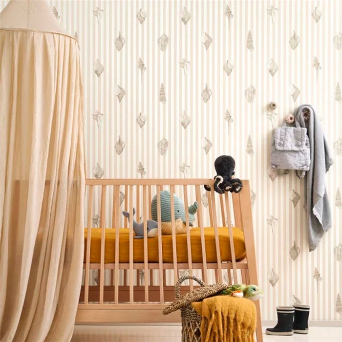 Casadeco|Papel pintado infantil rayas y conchas marinas|Marinero & Náutico