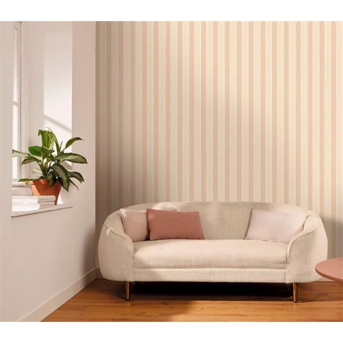 Caselio|Living room beige striped wallpaper with gold border|Stripes
