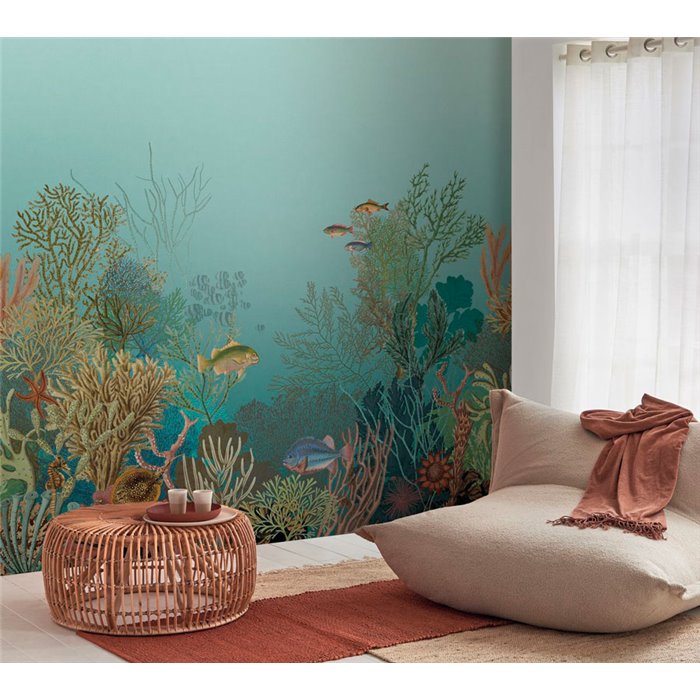 Casadeco|Mural pared fondo marino peces corales turquesa|Murales de Pared