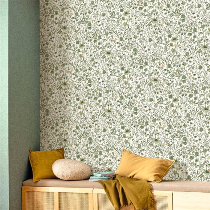 Caselio|Papel pintado escandinavo flores verdes|Floral