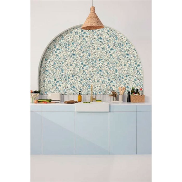 Caselio|Papier peint botanique à fleurs bleu porcelaine|Papier Peint