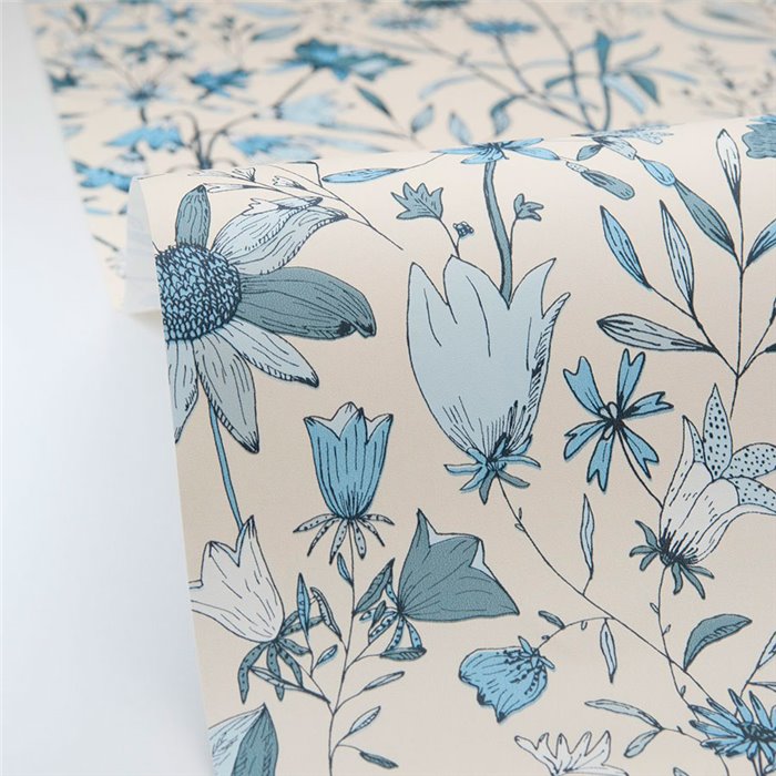 Caselio|Papel pintado botánico flores azul porcelana|Papel Pintado