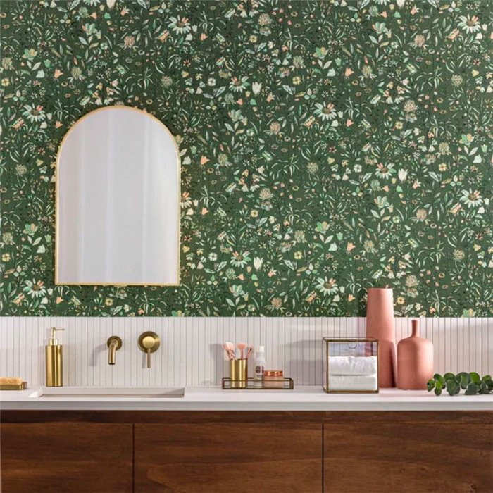 Caselio|Papier peint fleurs champêtres vertes style scandinave|Floral
