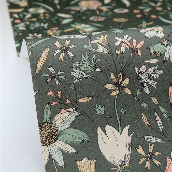 Caselio|Skandinavische Tapete mit grünen Wiesenblumen|Blumen