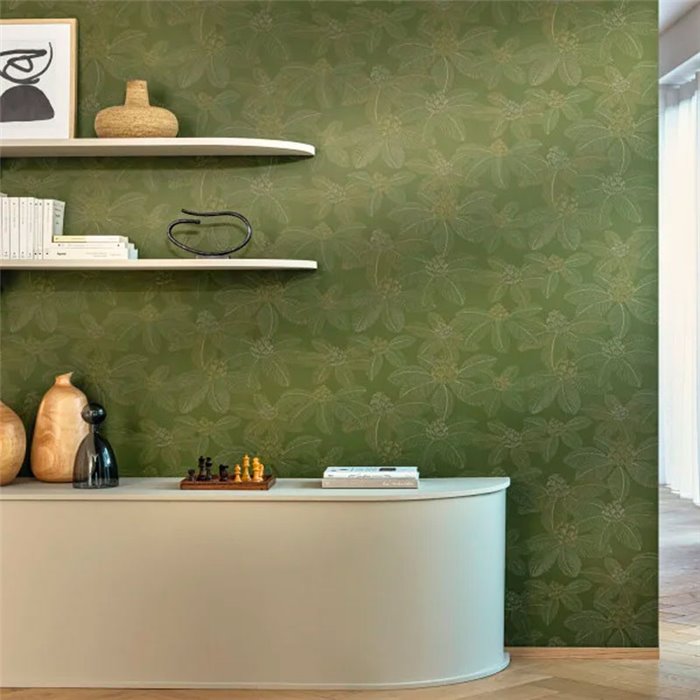 Caselio|Stylized moss green lotus flower wallpaper|Wallpaper