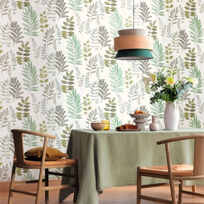 Caselio|Botanical wallpaper with herbarium of leaves on off-white background|Wallpaper