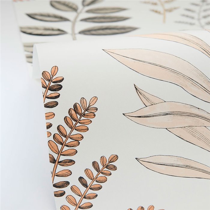 Caselio|Papier peint botanique avec herbier de feuilles sur fond blanc cassé|Papier Peint