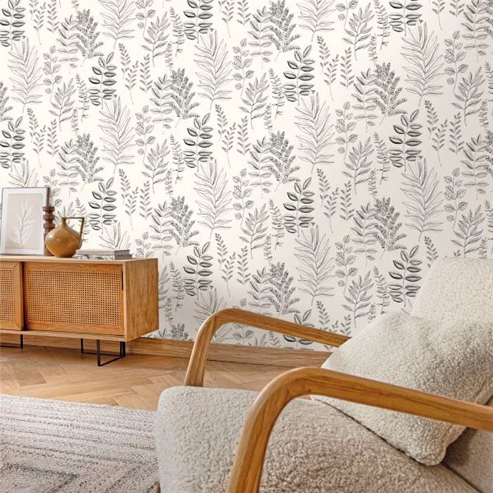 Caselio|Botanical wallpaper with black and white leaf engravings|Floral