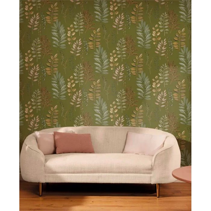 Caselio|Khaki floral wallpaper with herbarium leaves|Wallpaper