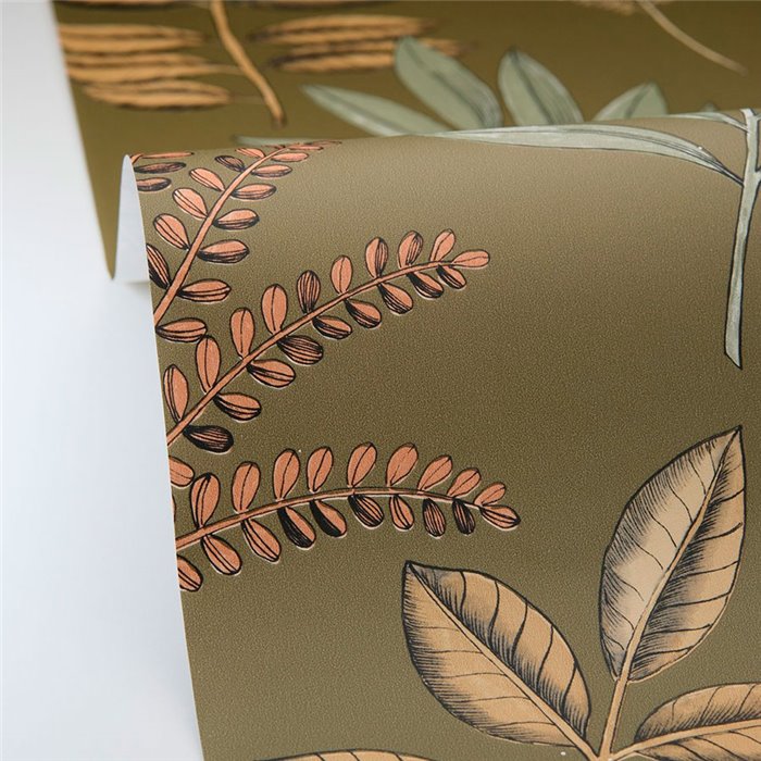 Caselio|Khaki floral wallpaper with herbarium leaves|Wallpaper